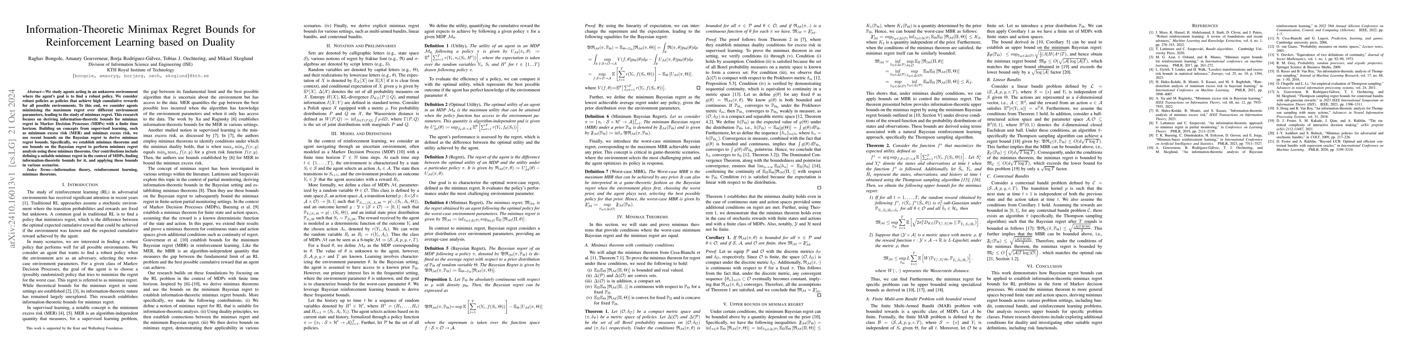 Thumbnail for Information-Theoretic Minimax Regret Bounds for Reinforcement Learning
  based on Duality