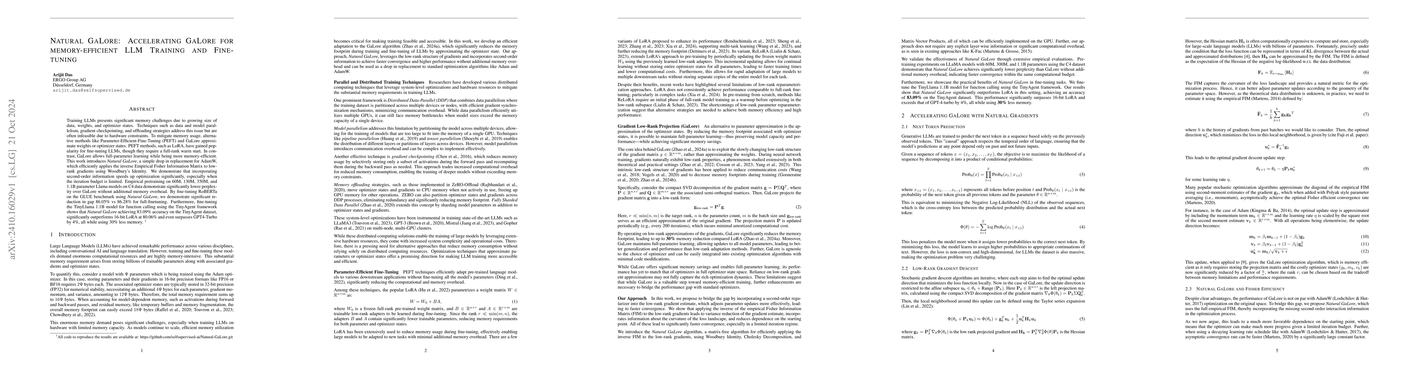 Thumbnail for Natural GaLore: Accelerating GaLore for memory-efficient LLM Training
  and Fine-tuning