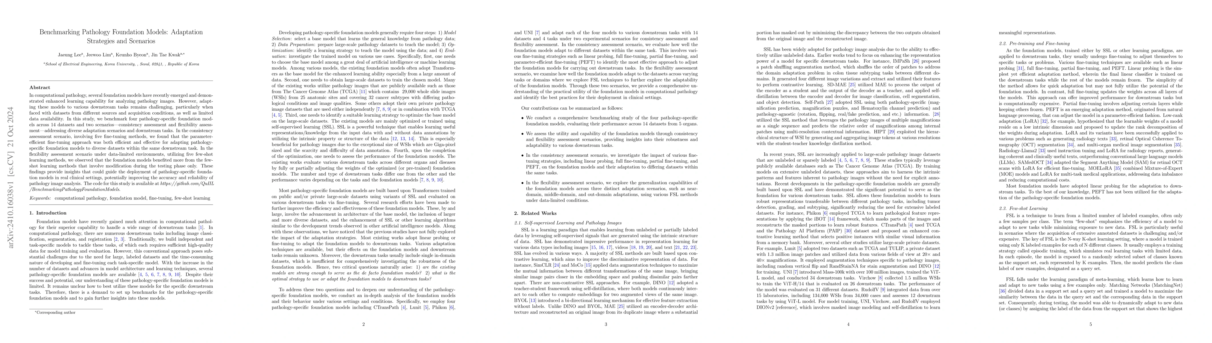 Thumbnail for Benchmarking Pathology Foundation Models: Adaptation Strategies and
  Scenarios