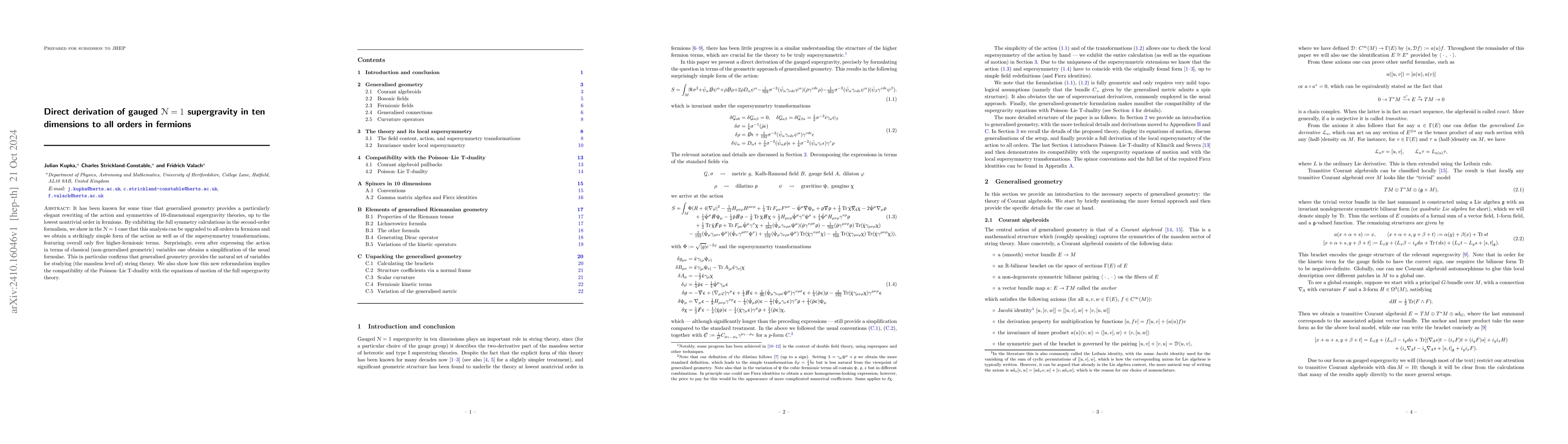 Thumbnail for Direct derivation of gauged $\mathcal N=1$ supergravity in ten
  dimensions to all orders in fermions