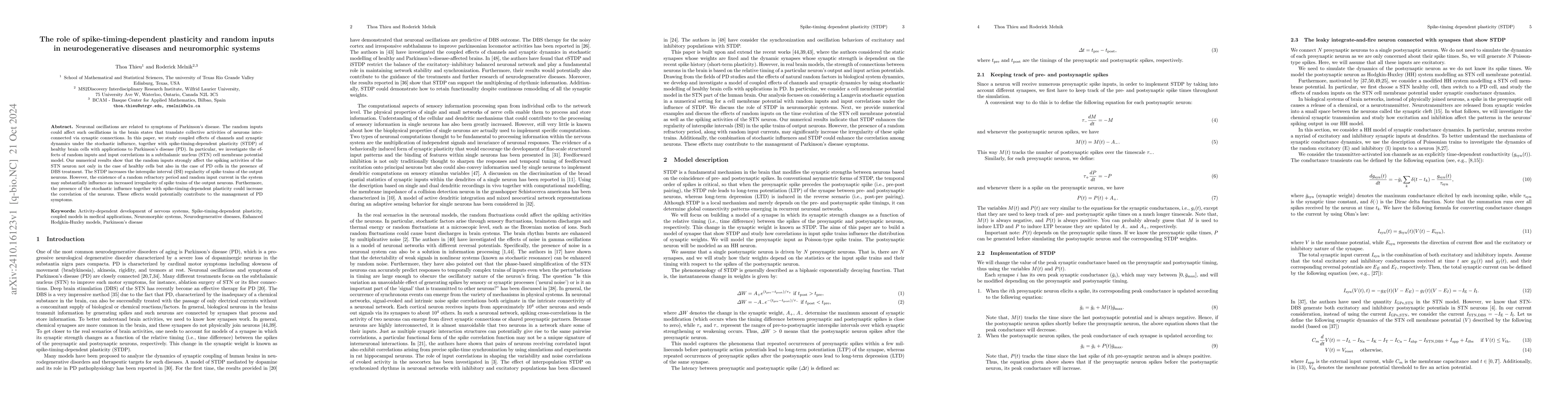 Thumbnail for The role of spike-timing-dependent plasticity and random inputs in
  neurodegenerative diseases and neuromorphic systems