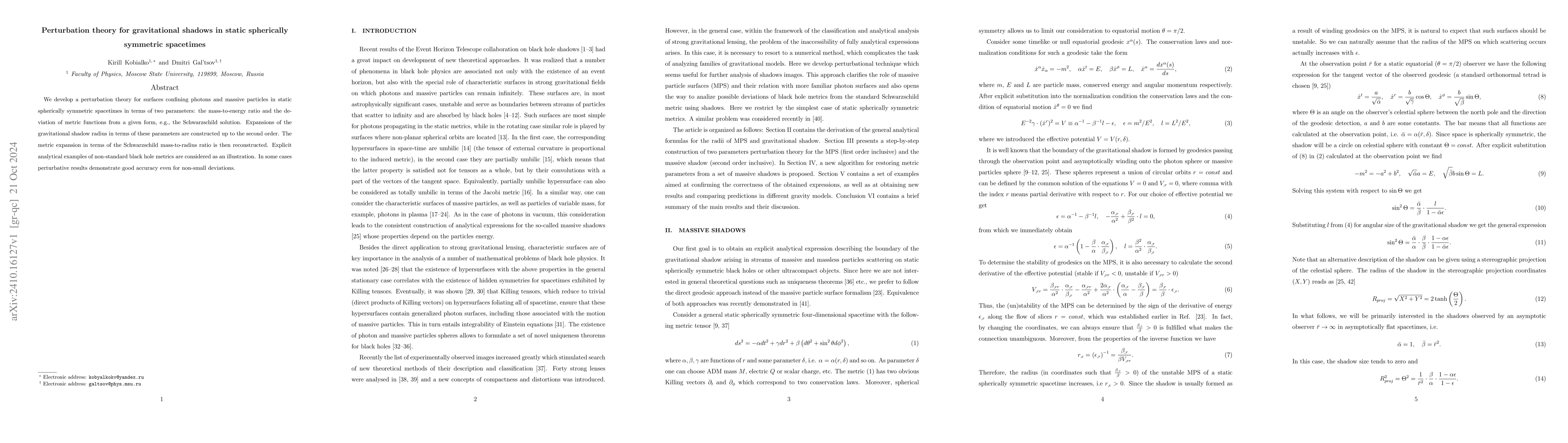 Thumbnail for Perturbation theory for gravitational shadows in static spherically
  symmetric spacetimes