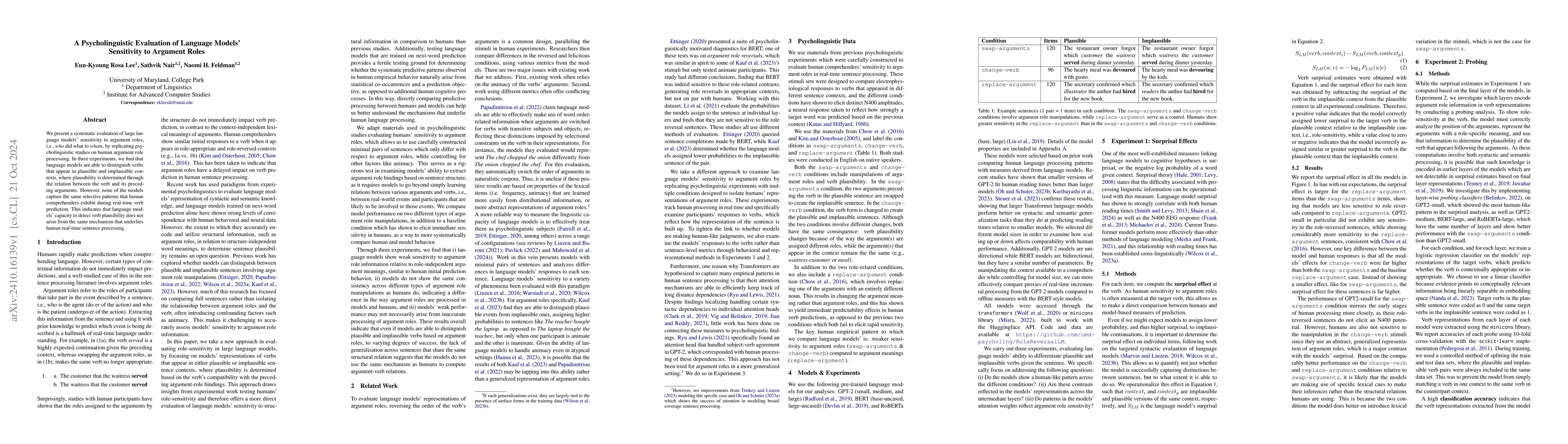 Thumbnail for A Psycholinguistic Evaluation of Language Models' Sensitivity to
  Argument Roles