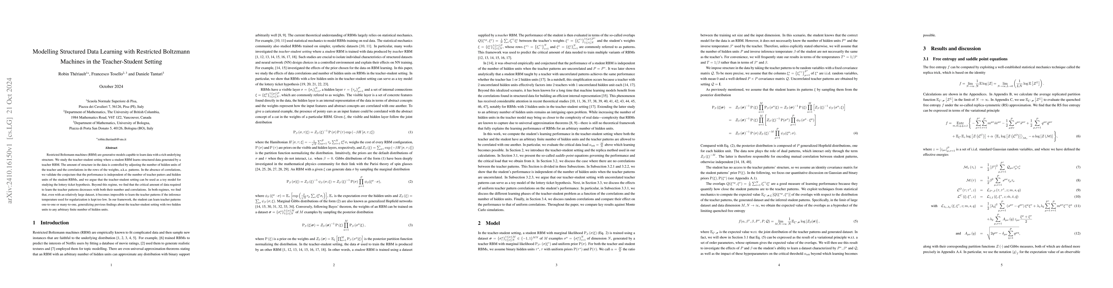 Thumbnail for Modelling Structured Data Learning with Restricted Boltzmann Machines in
  the Teacher-Student Setting