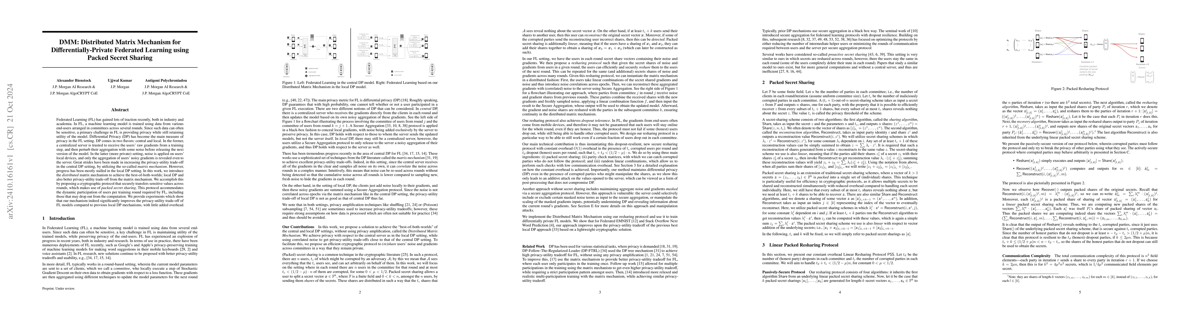 Thumbnail for DMM: Distributed Matrix Mechanism for Differentially-Private Federated
  Learning using Packed Secret Sharing