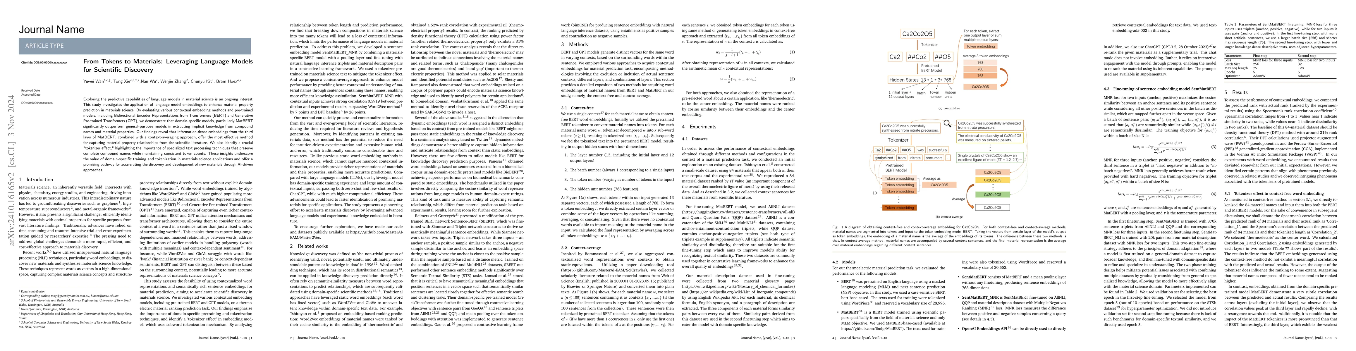 Thumbnail for From Tokens to Materials: Leveraging Language Models for Scientific
  Discovery