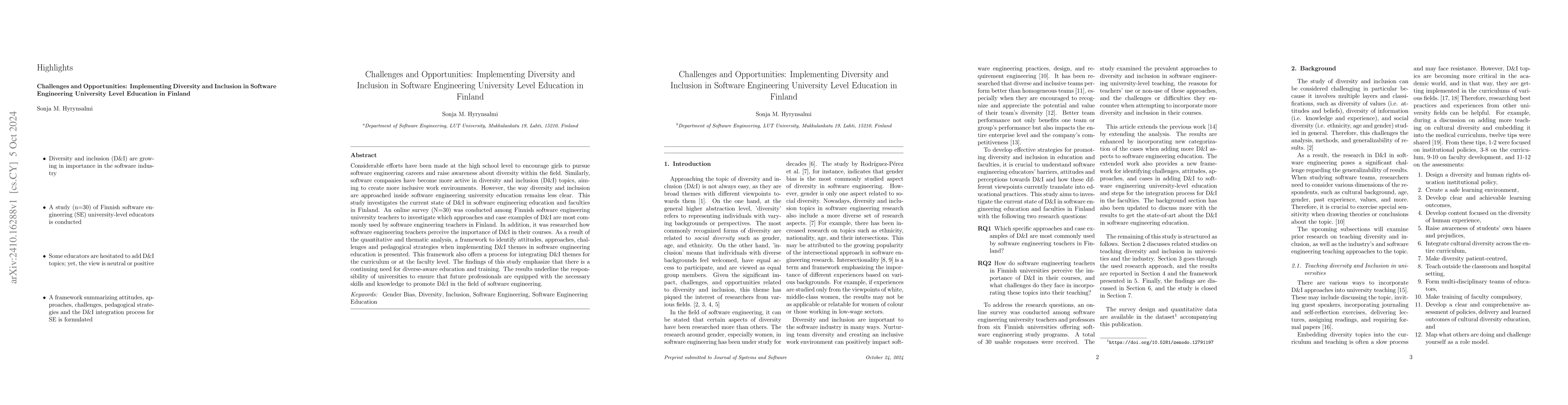 Thumbnail for Challenges and Opportunities: Implementing Diversity and Inclusion in
  Software Engineering University Level Education in Finland