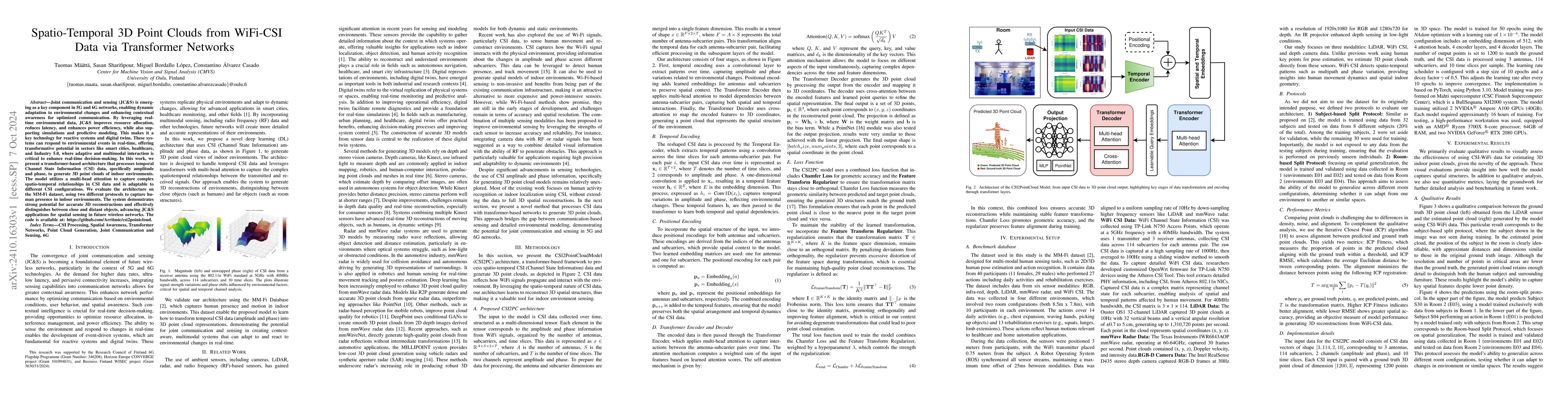 Thumbnail for Spatio-Temporal 3D Point Clouds from WiFi-CSI Data via Transformer
  Networks