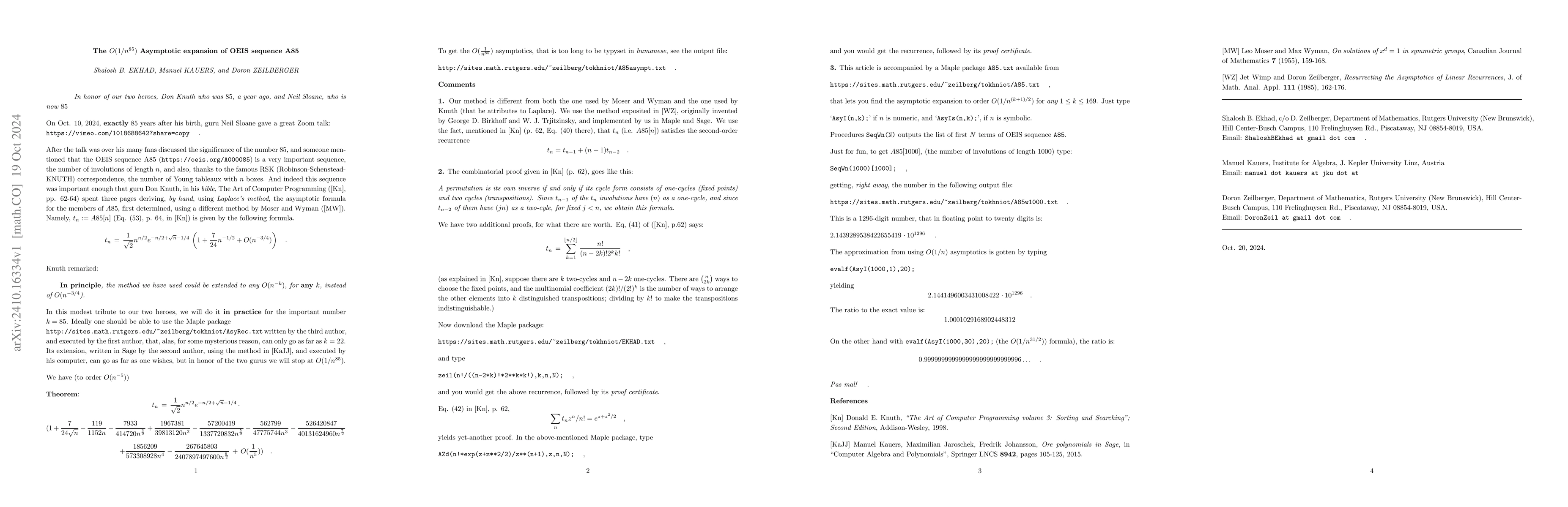 Thumbnail for The $O(1/n^{85})$ Asymptotic expansion of OEIS sequence A85