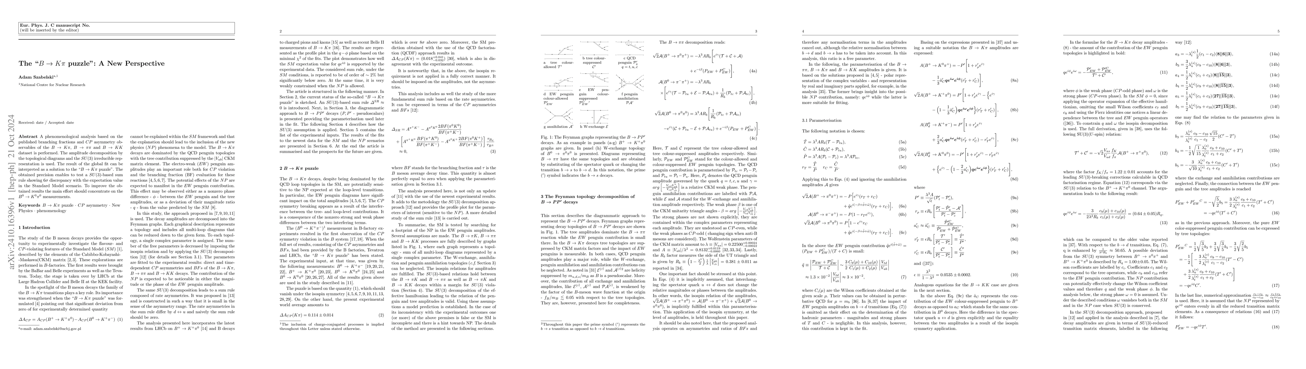 Thumbnail for The "$B \to Kπ$ puzzle": A New Perspective