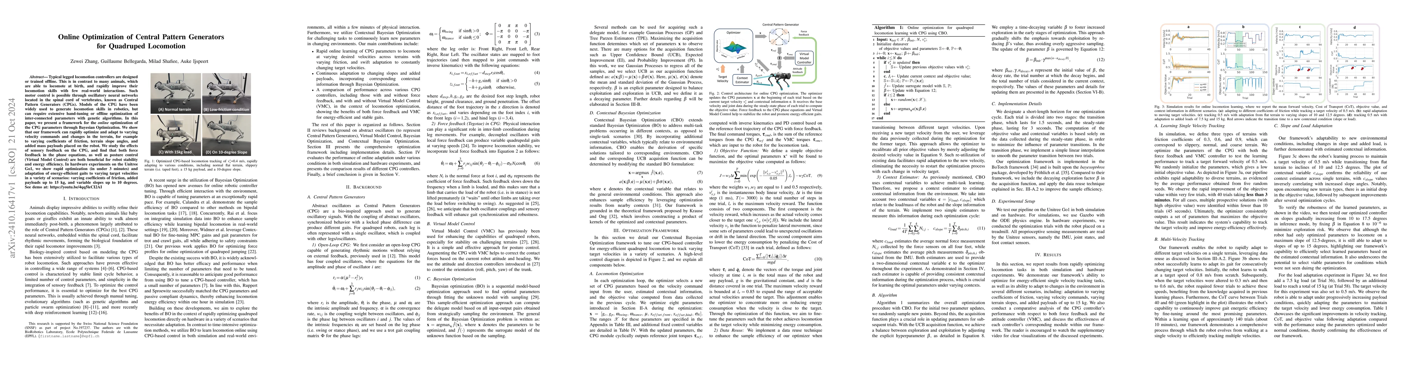 Thumbnail for Online Optimization of Central Pattern Generators for Quadruped
  Locomotion