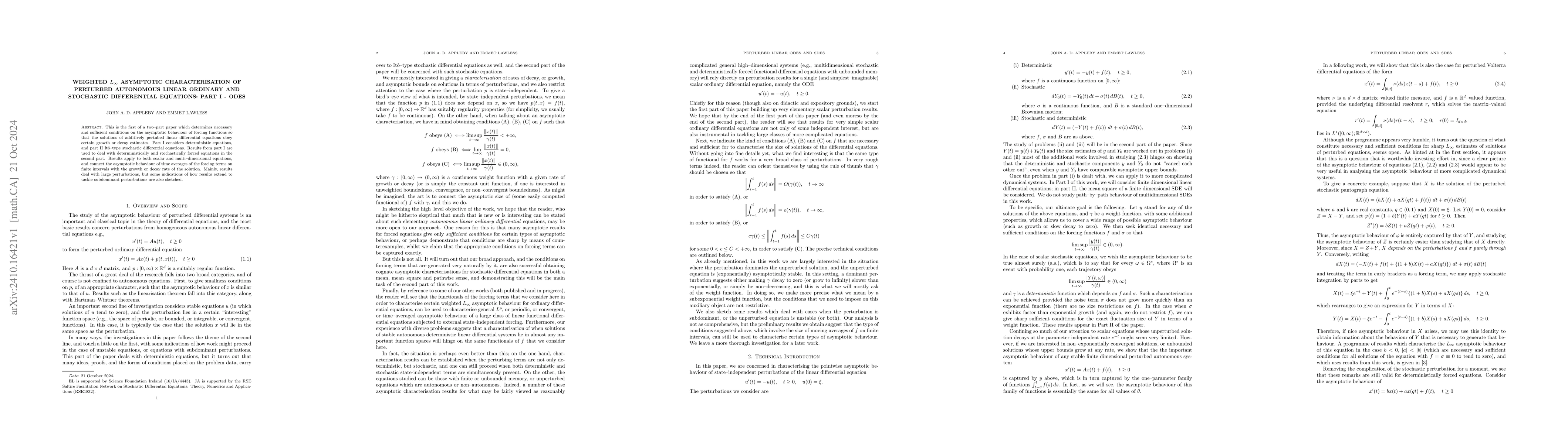 Thumbnail for Weighted $L_\infty$ Asymptotic Characterisation of Perturbed Autonomous
  Linear Ordinary and Stochastic Differential Equations: Part I -- ODEs