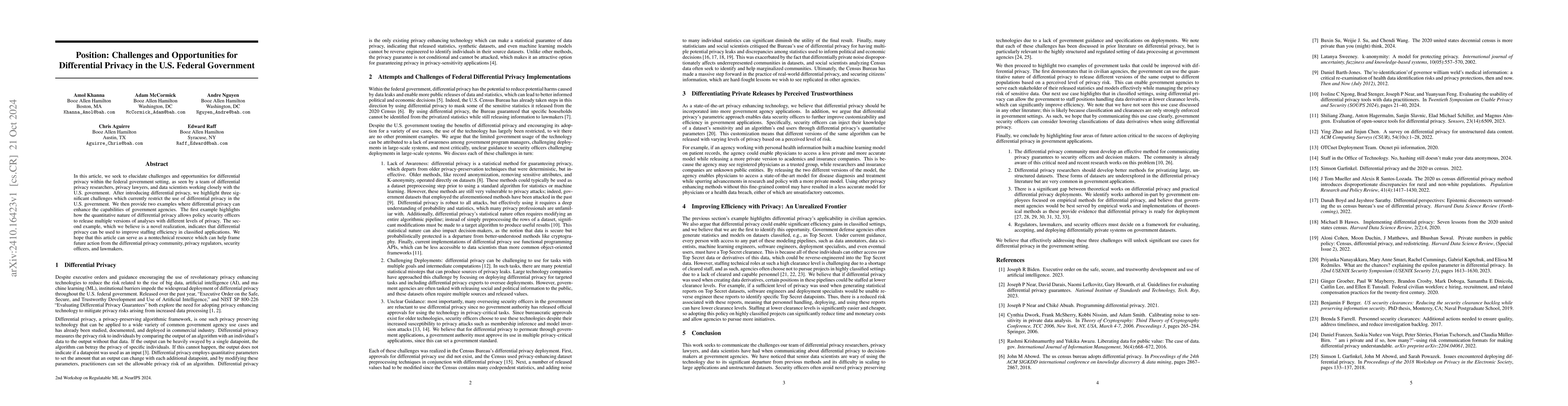 Thumbnail for Position: Challenges and Opportunities for Differential Privacy in the
  U.S. Federal Government