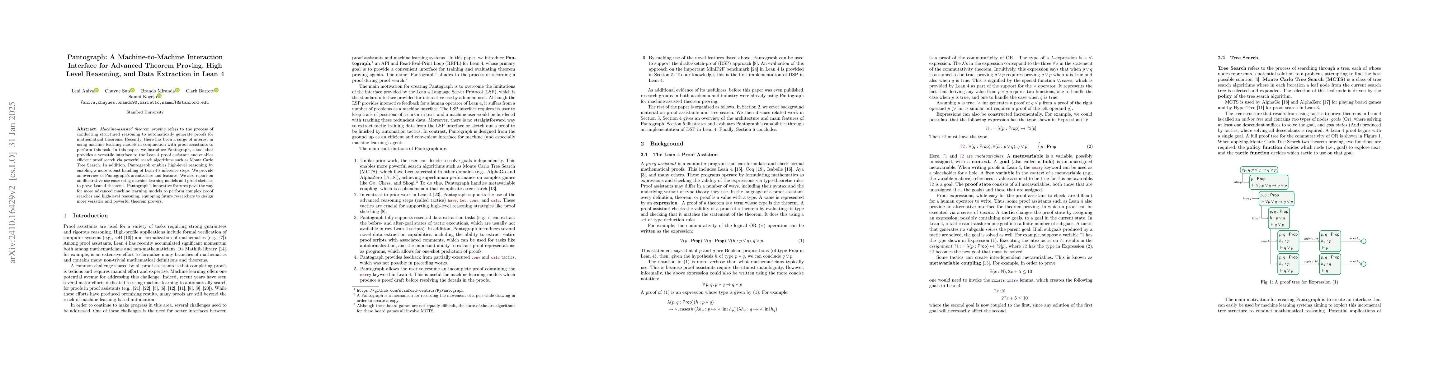 Thumbnail for Pantograph: A Machine-to-Machine Interaction Interface for Advanced
  Theorem Proving, High Level Reasoning, and Data Extraction in Lean 4