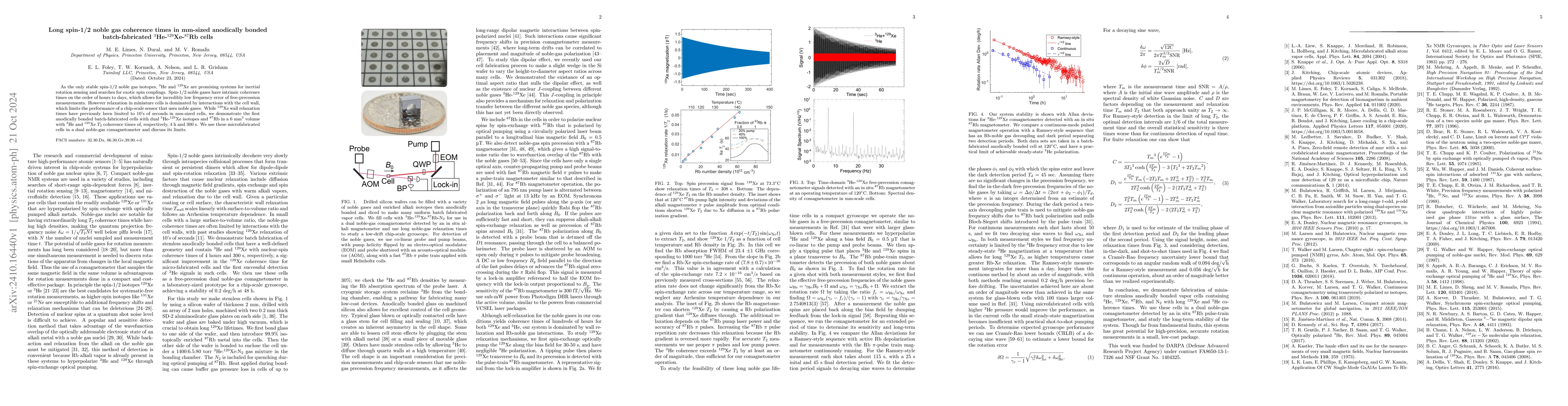 Thumbnail for Long spin-1/2 noble gas coherence times in mm-sized anodically bonded
  batch-fabricated $^{3}$He-$^{129}$Xe-$^{87}$Rb cells