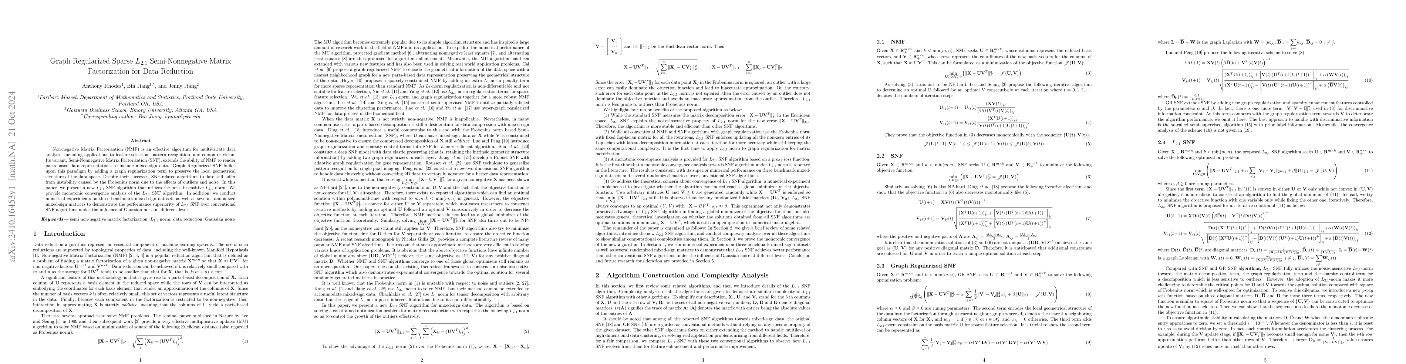 Thumbnail for Graph Regularized Sparse $L_{2,1}$ Semi-Nonnegative Matrix Factorization
  for Data Reduction