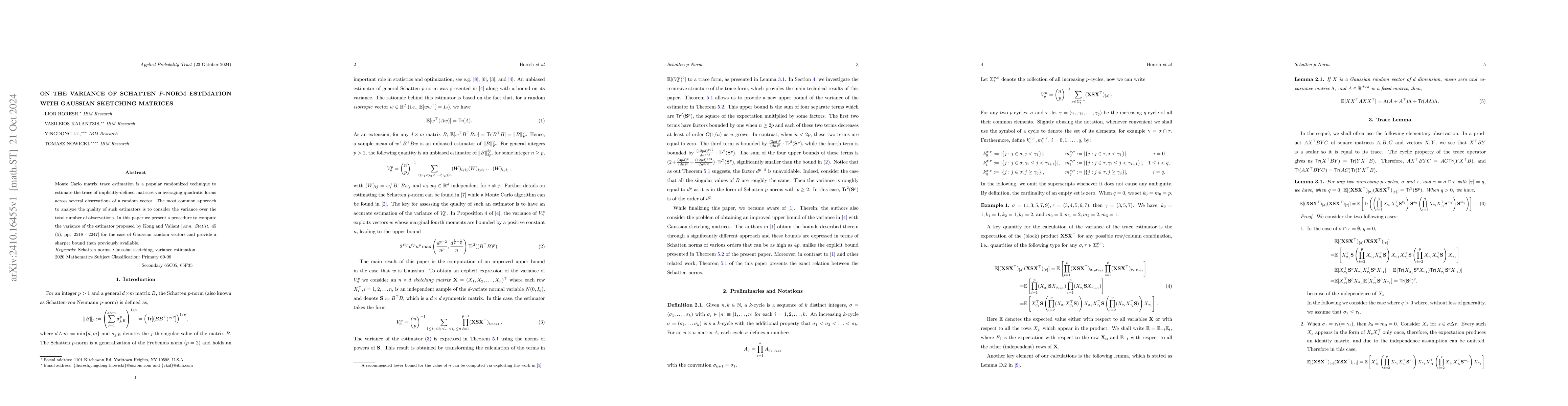 Thumbnail for On The Variance of Schatten $p$-Norm Estimation with Gaussian Sketching
  Matrices