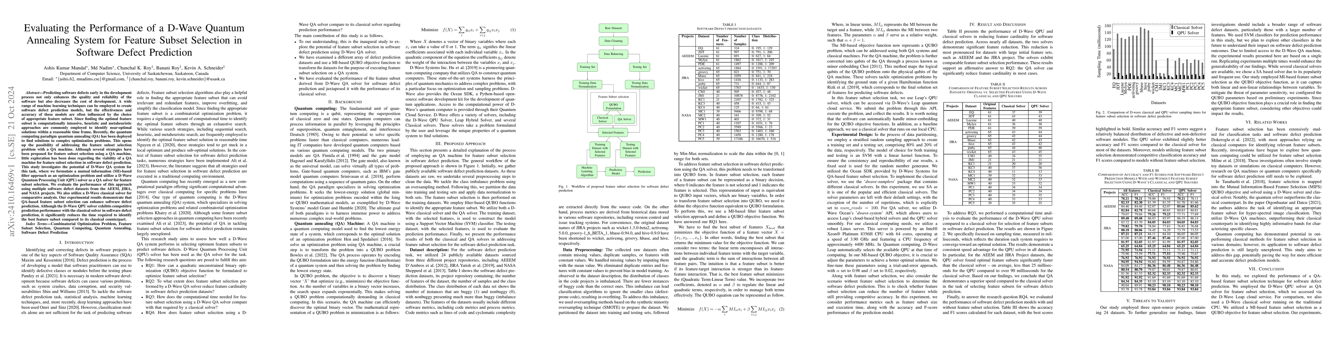 Thumbnail for Evaluating the Performance of a D-Wave Quantum Annealing System for
  Feature Subset Selection in Software Defect Prediction