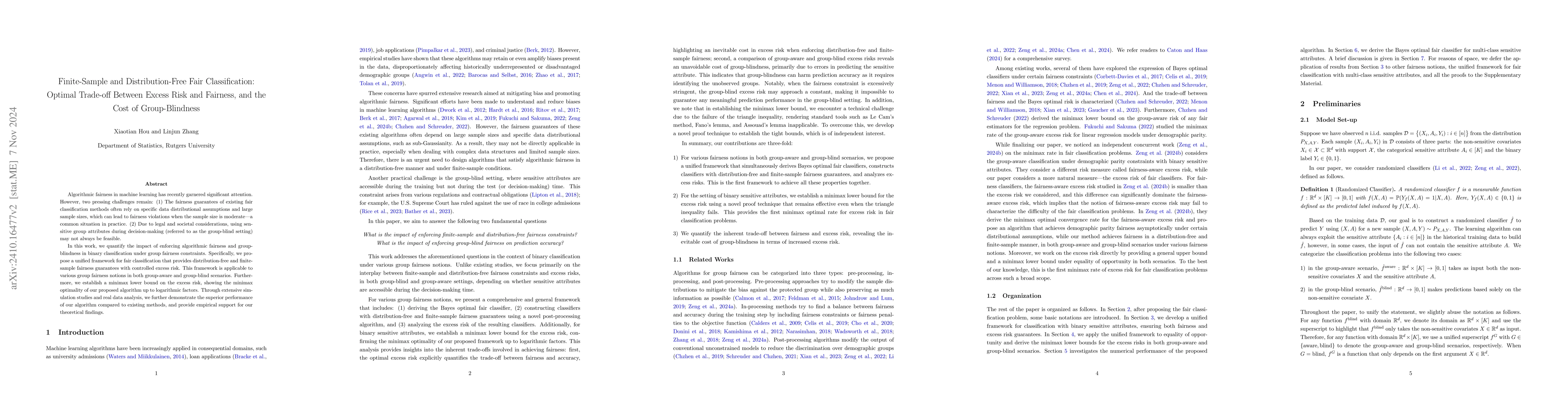 Thumbnail for Finite-Sample and Distribution-Free Fair Classification: Optimal
  Trade-off Between Excess Risk and Fairness, and the Cost of Group-Blindness