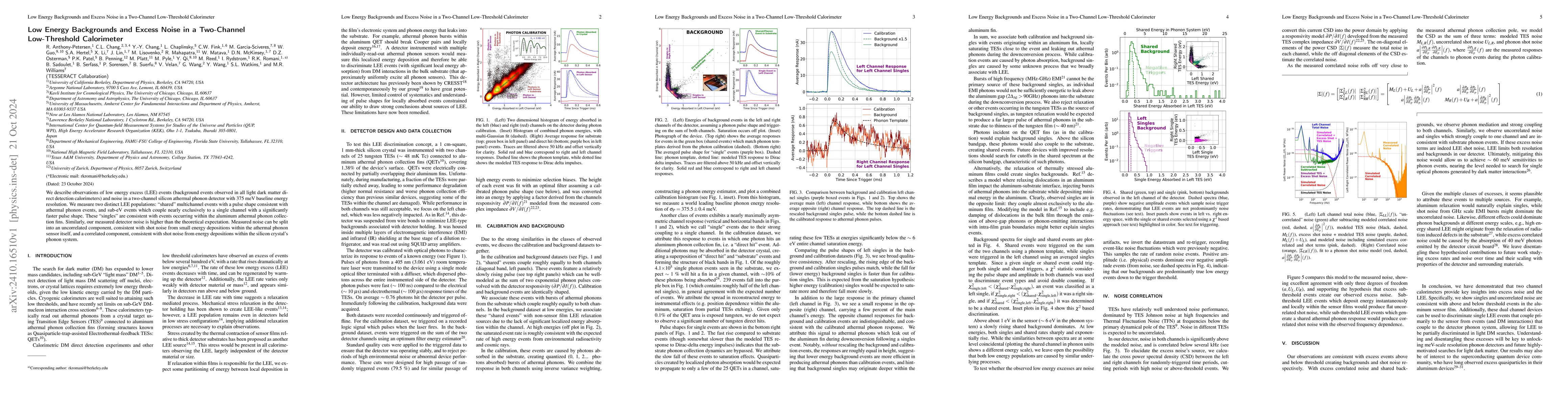Thumbnail for Low Energy Backgrounds and Excess Noise in a Two-Channel Low-Threshold
  Calorimeter
