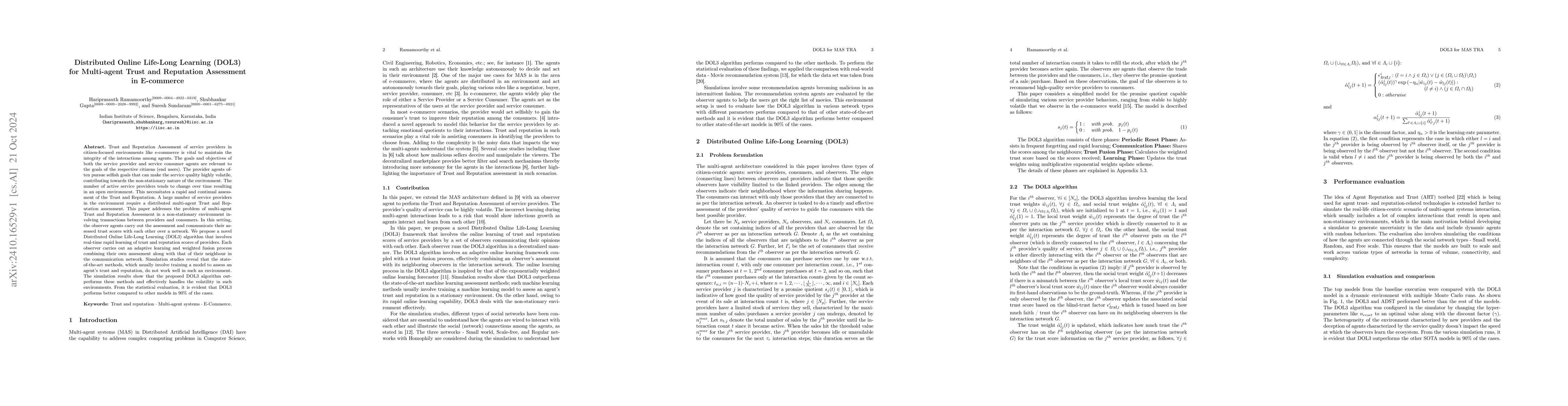 Thumbnail for Distributed Online Life-Long Learning (DOL3) for Multi-agent Trust and
  Reputation Assessment in E-commerce