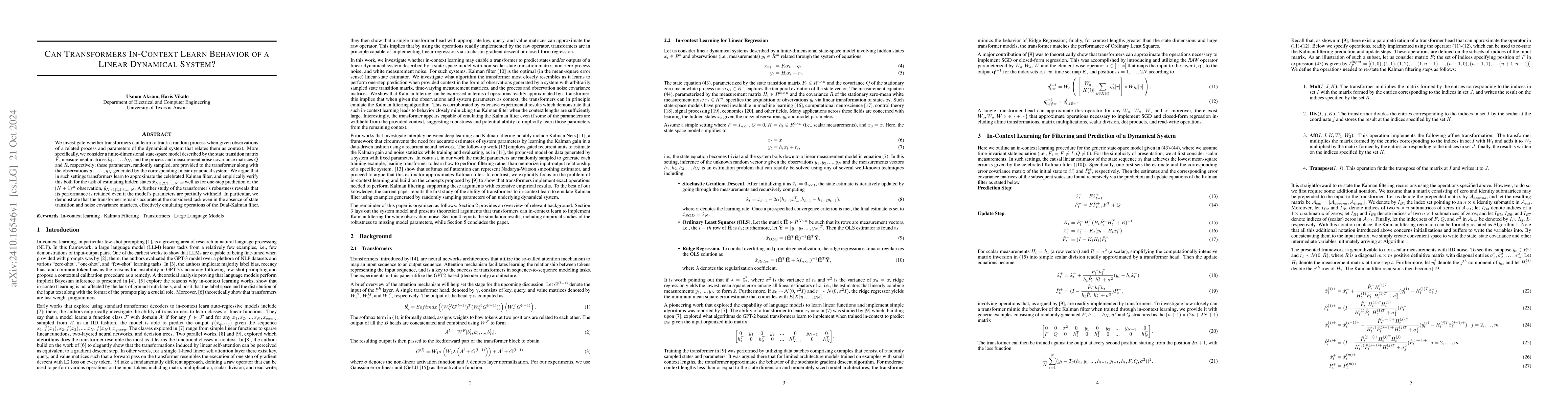Thumbnail for Can Transformers In-Context Learn Behavior of a Linear Dynamical System?