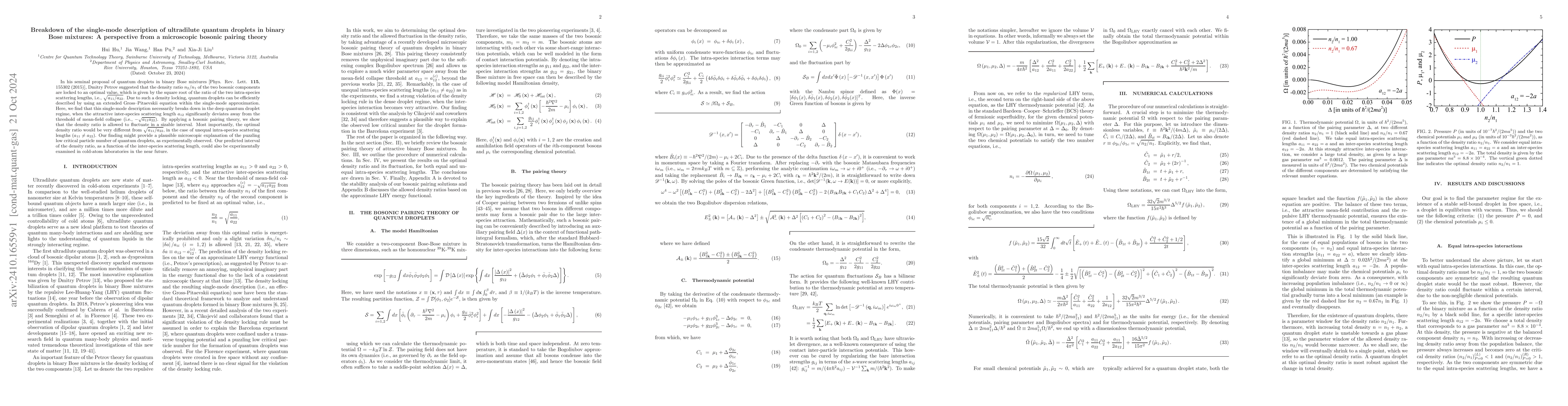 Thumbnail for Breakdown of the single-mode description of ultradilute quantum droplets
  in binary Bose mixtures: A perspective from a microscopic bosonic pairing
  theory