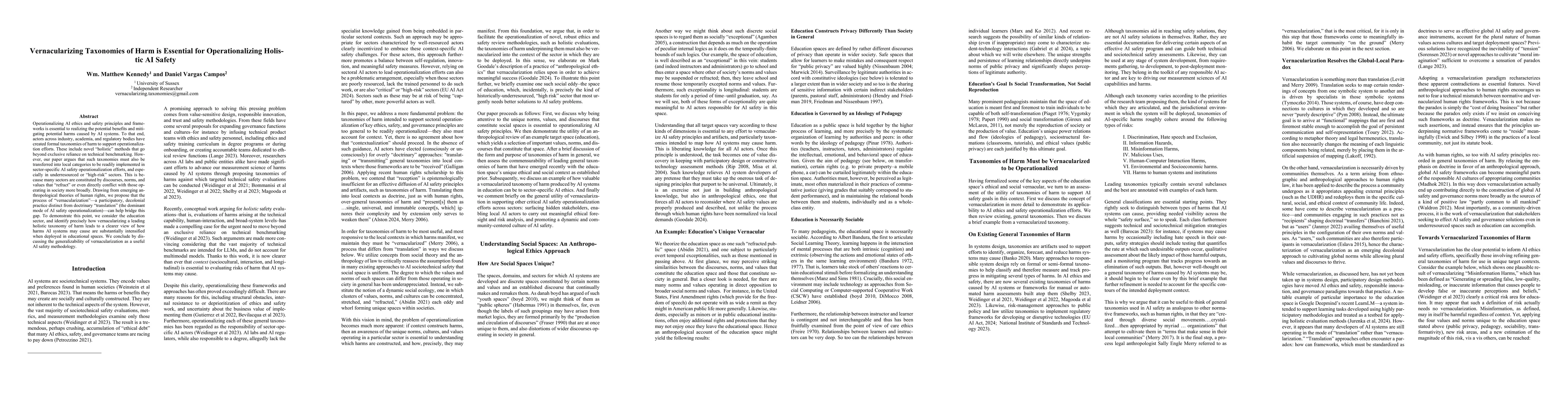 Thumbnail for Vernacularizing Taxonomies of Harm is Essential for Operationalizing
  Holistic AI Safety