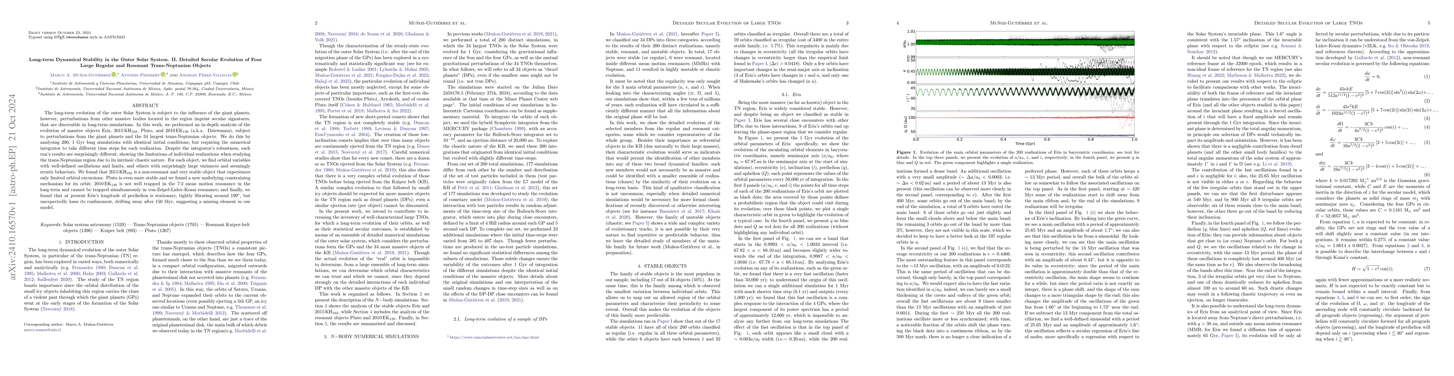 Thumbnail for Long-term Dynamical Stability in the Outer Solar System. II. Detailed
  Secular Evolution of Four Large Regular and Resonant Trans-Neptunian Objects