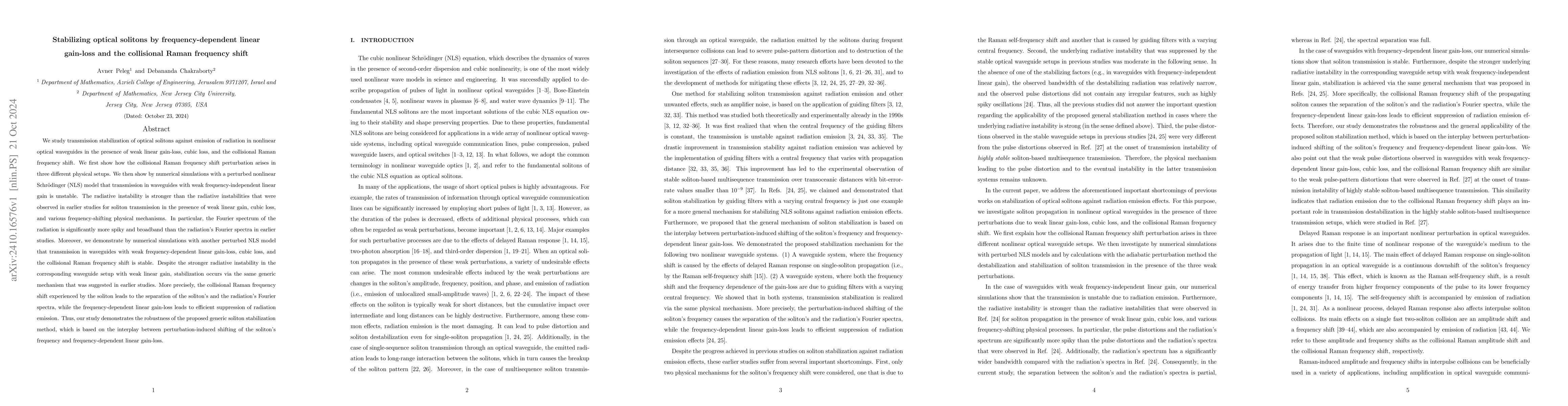 Thumbnail for Stabilizing optical solitons by frequency-dependent linear gain-loss and
  the collisional Raman frequency shift