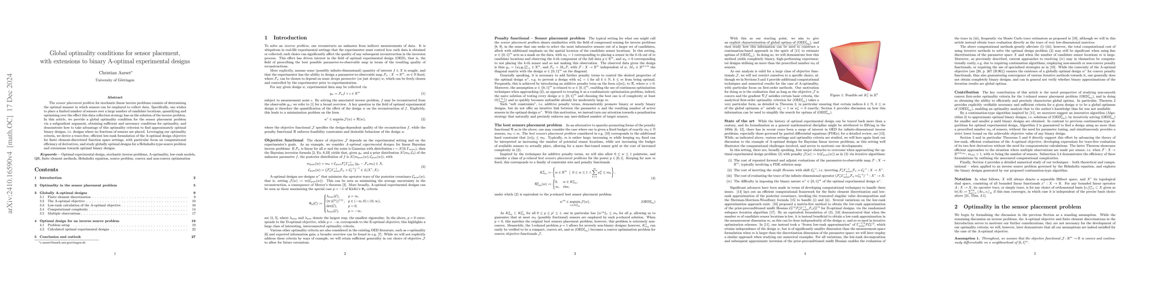 Thumbnail for Global optimality conditions for sensor placement, with extensions to
  binary A-optimal experimental designs