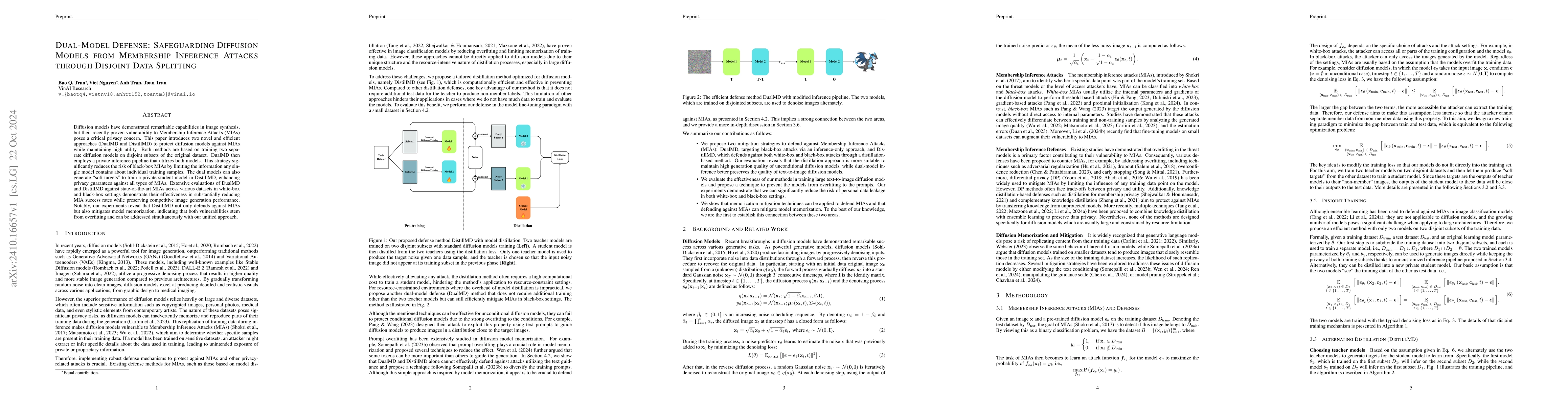 Thumbnail for Dual-Model Defense: Safeguarding Diffusion Models from Membership
  Inference Attacks through Disjoint Data Splitting