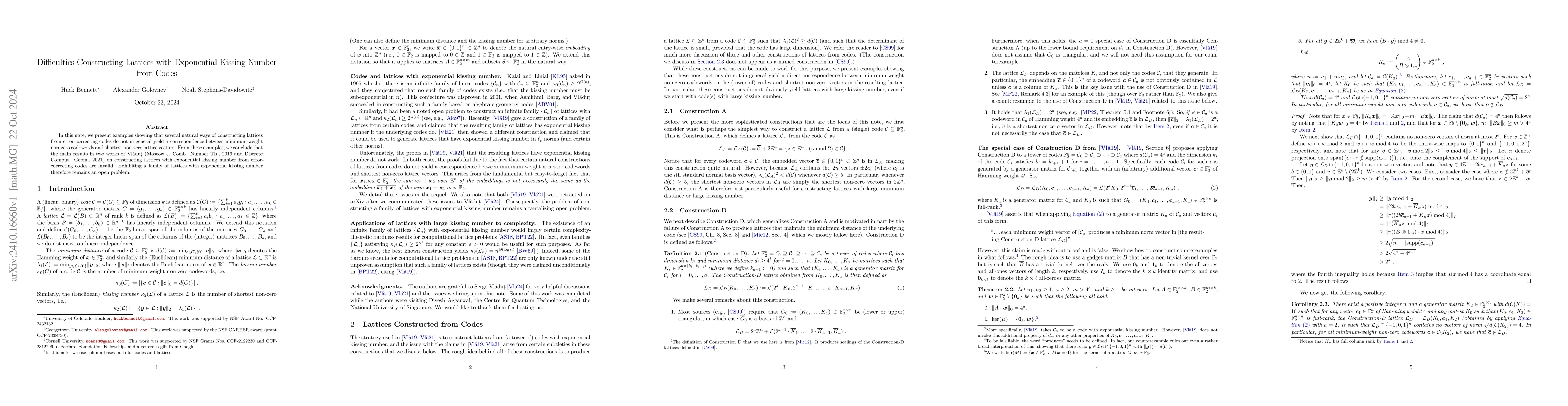 Thumbnail for Difficulties Constructing Lattices with Exponential Kissing Number from
  Codes