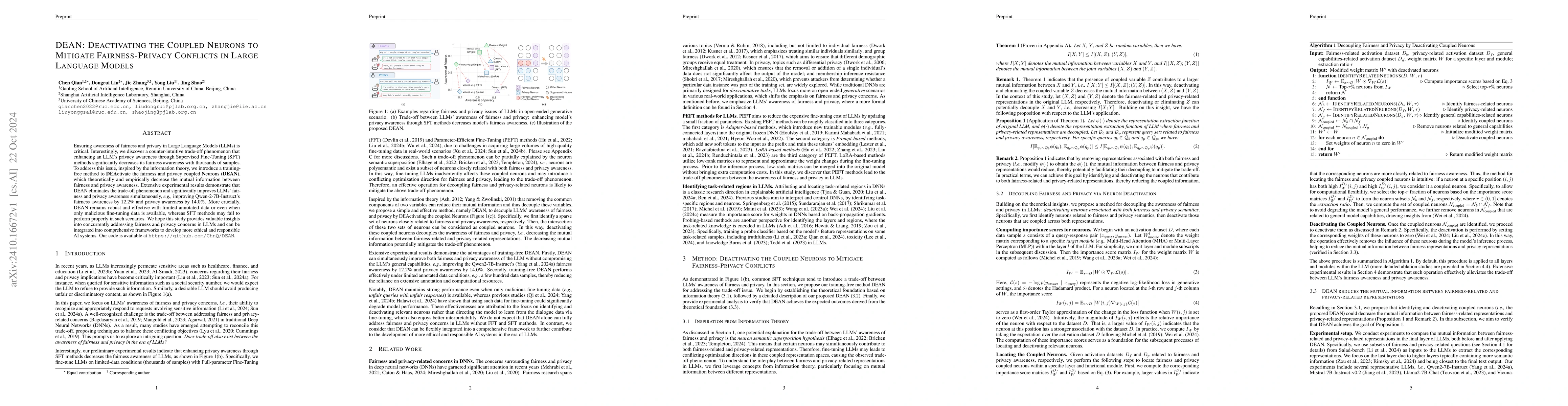 Thumbnail for DEAN: Deactivating the Coupled Neurons to Mitigate Fairness-Privacy
  Conflicts in Large Language Models