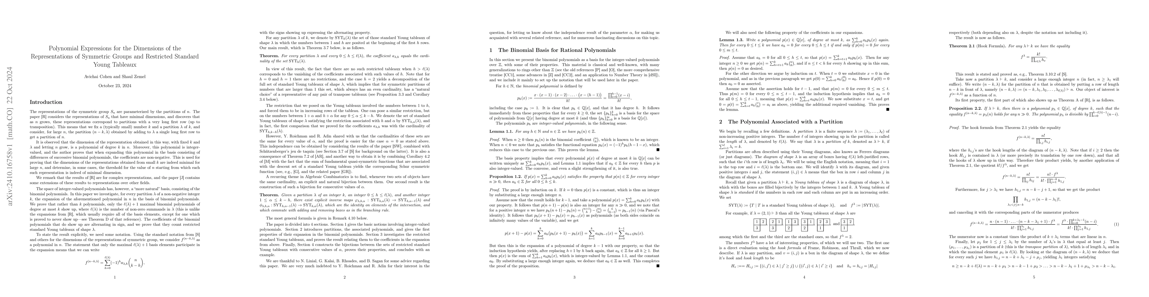 Thumbnail for Polynomial Expressions for the Dimensions of the Representations of
  Symmetric Groups and Restricted Standard Young Tableaux