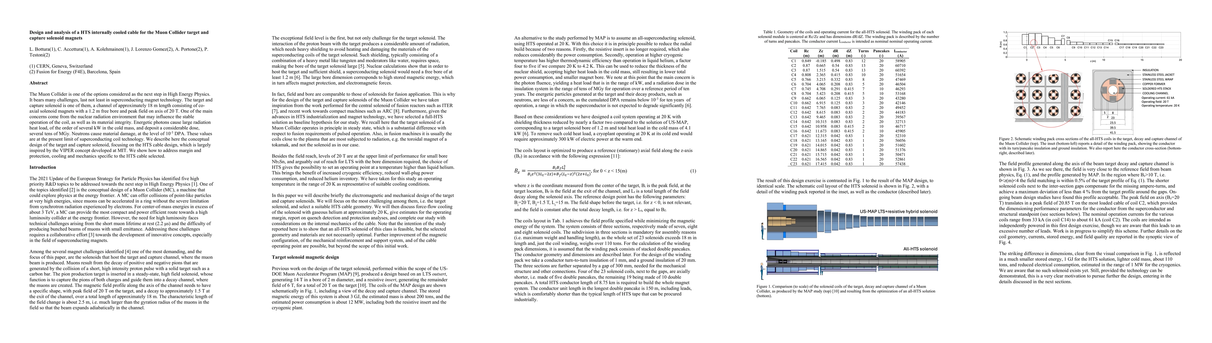 Thumbnail for Design and analysis of a HTS internally cooled cable for the Muon
  Collider target and capture solenoid magnets