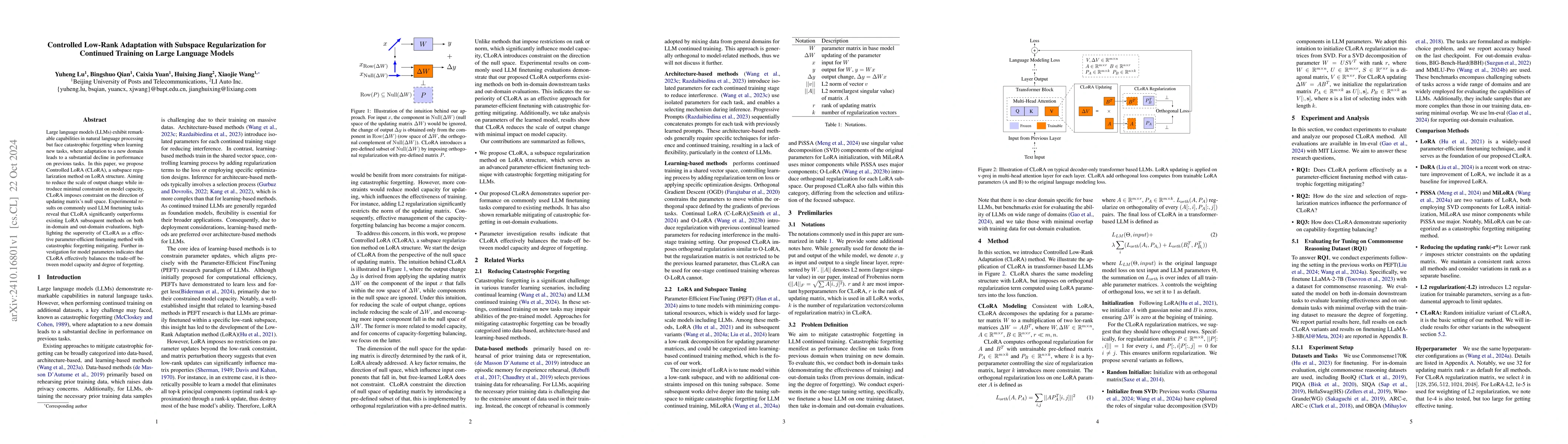 Thumbnail for Controlled Low-Rank Adaptation with Subspace Regularization for
  Continued Training on Large Language Models