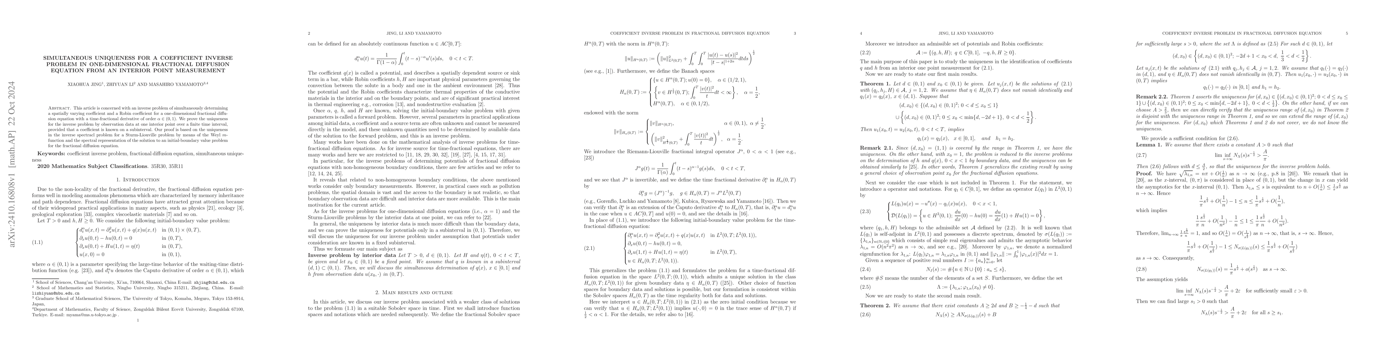 Thumbnail for Simultaneous uniqueness for a coefficient inverse problem in
  one-dimensional fractional diffusion equation from an interior point
  measurement