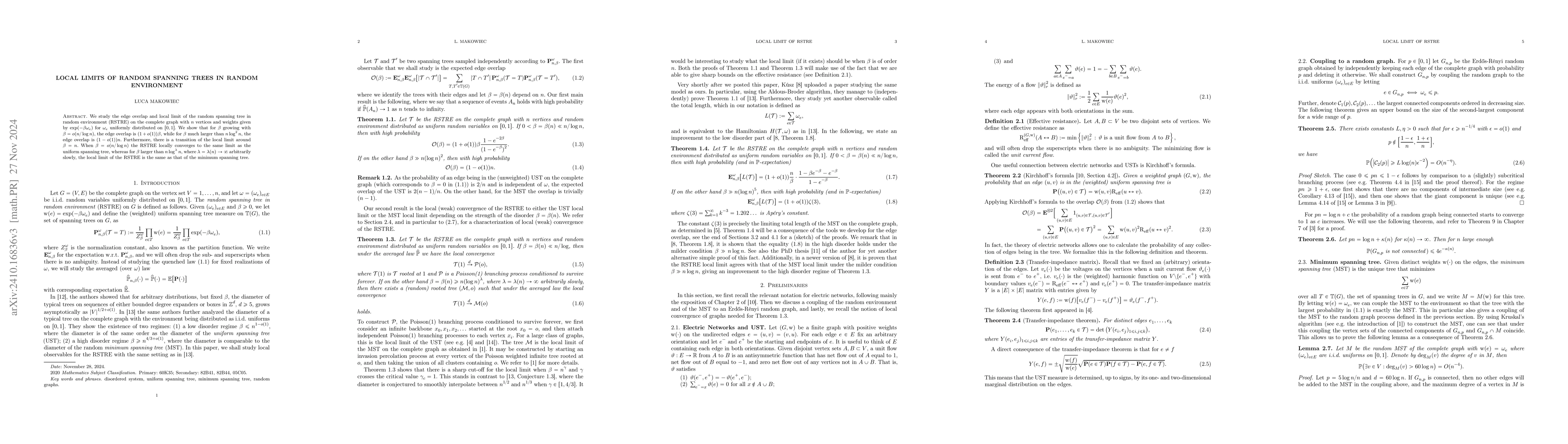Thumbnail for Local limits of random spanning trees in random environment