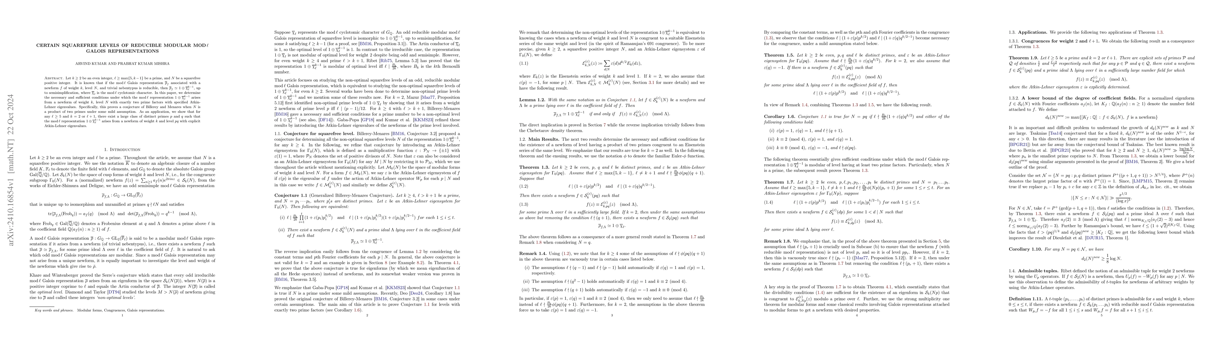 Thumbnail for Certain squarefree levels of reducible modular mod$\,\ell$ Galois
  representations