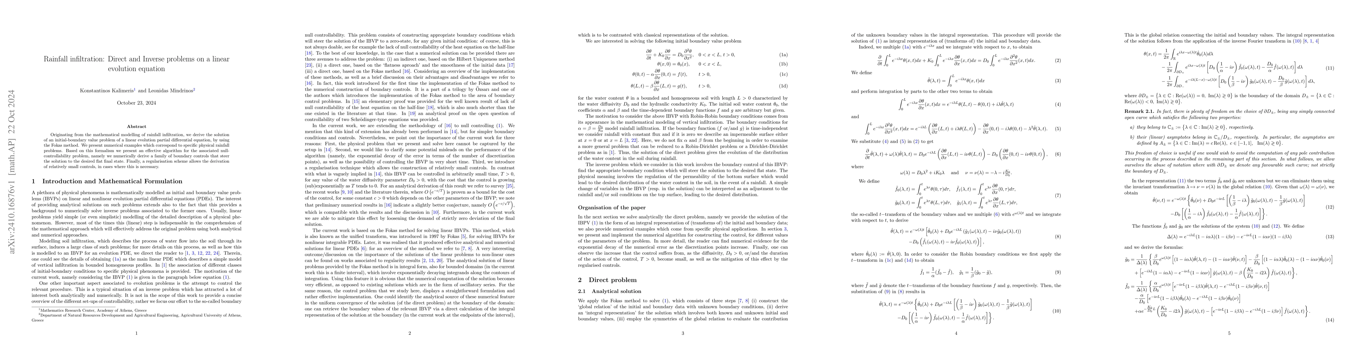 Thumbnail for Rainfall infiltration: Direct and Inverse problems on a linear evolution
  equation