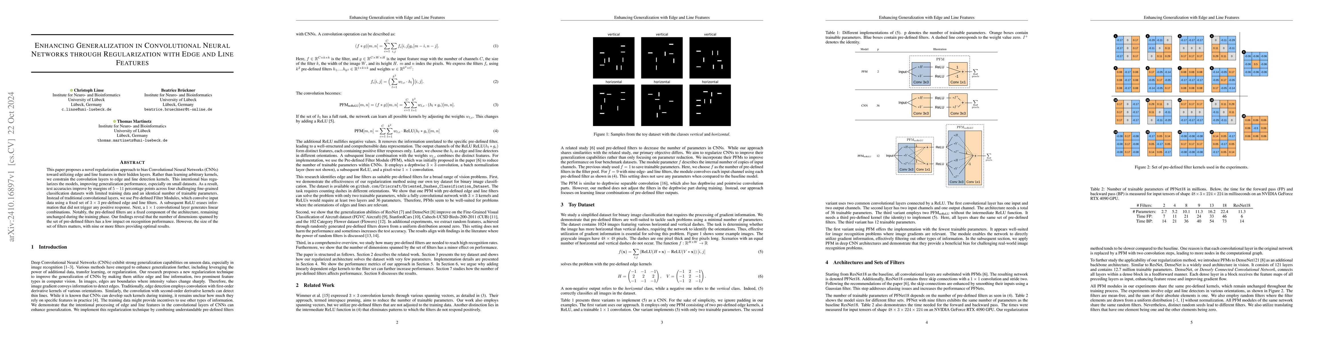 Thumbnail for Enhancing Generalization in Convolutional Neural Networks through
  Regularization with Edge and Line Features
