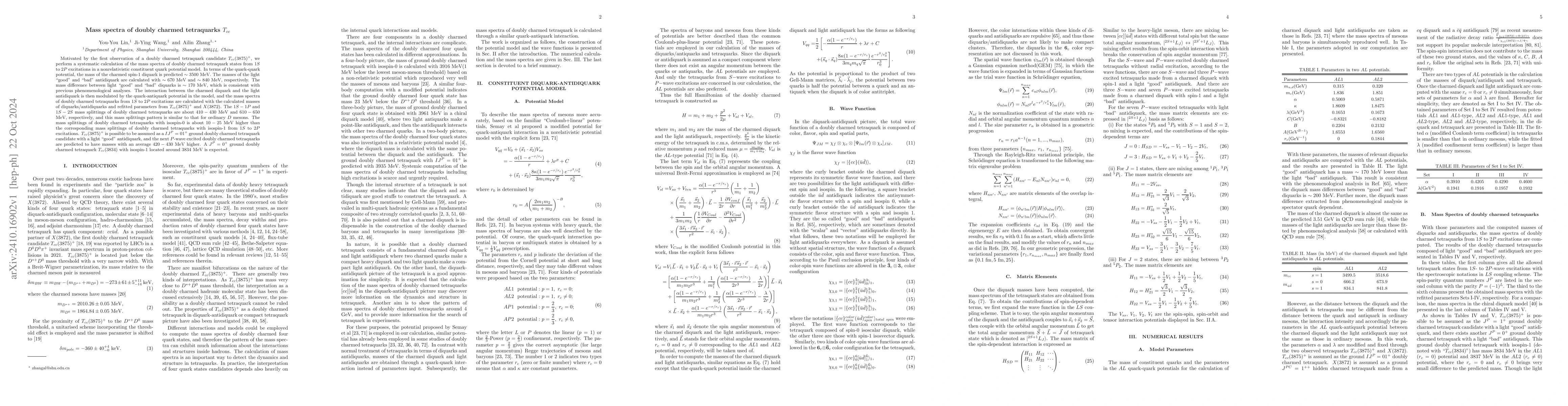 Thumbnail for Mass spectra of doubly charmed tetraquarks $T_{cc}$