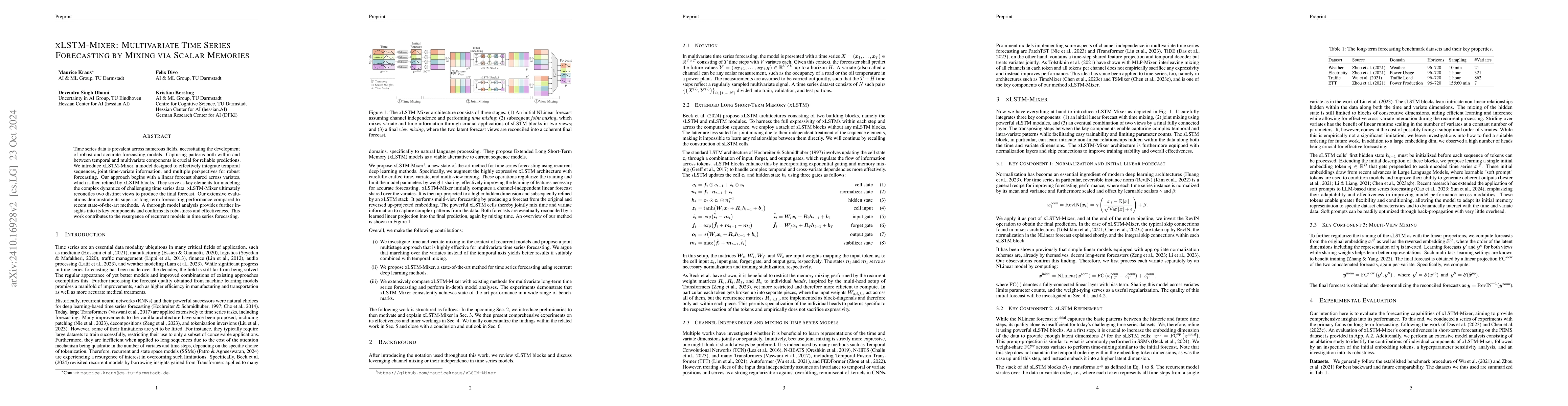 Thumbnail for xLSTM-Mixer: Multivariate Time Series Forecasting by Mixing via Scalar
  Memories