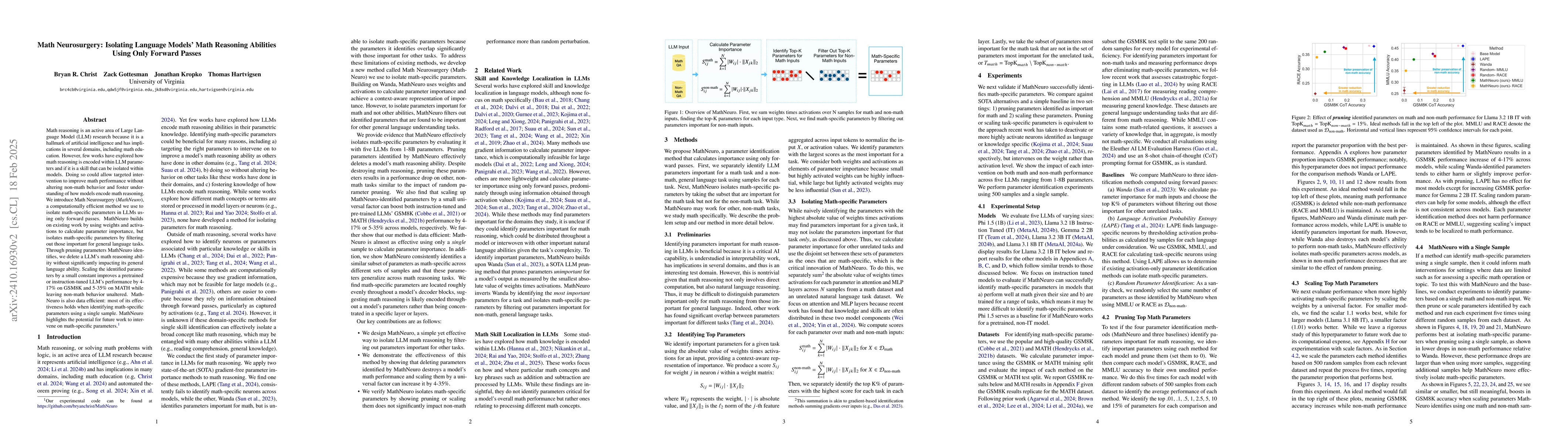 Thumbnail for Math Neurosurgery: Isolating Language Models' Math Reasoning Abilities
  Using Only Forward Passes
