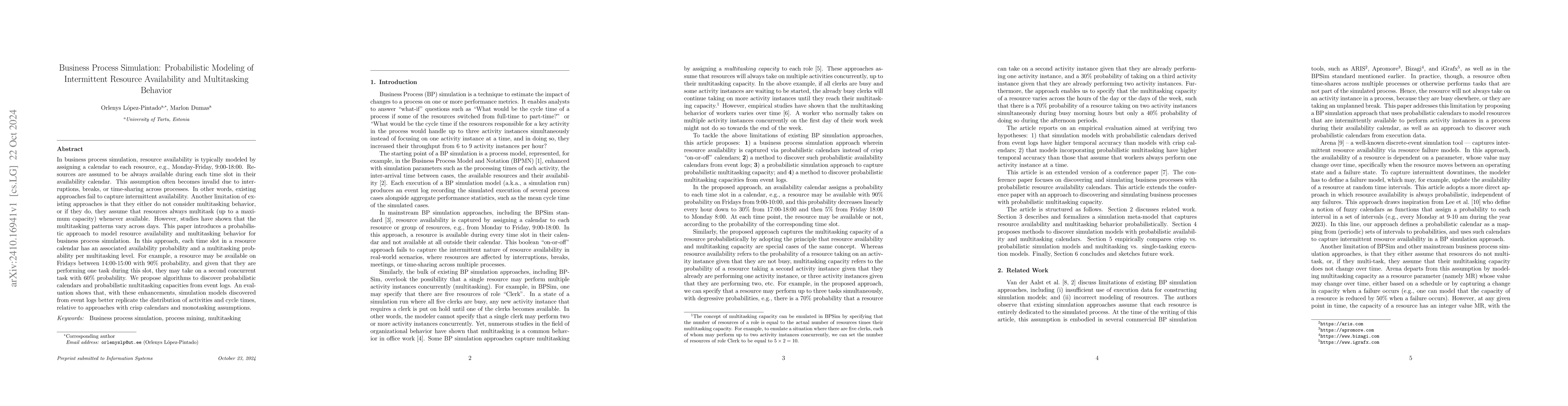 Thumbnail for Business Process Simulation: Probabilistic Modeling of Intermittent
  Resource Availability and Multitasking Behavior