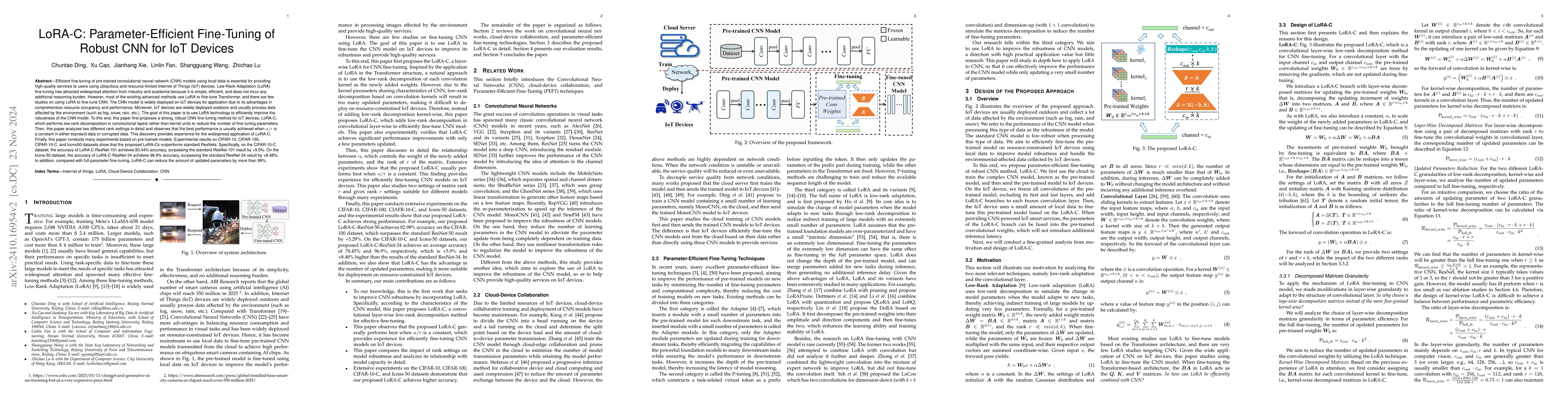 Thumbnail for LoRA-C: Parameter-Efficient Fine-Tuning of Robust CNN for IoT Devices