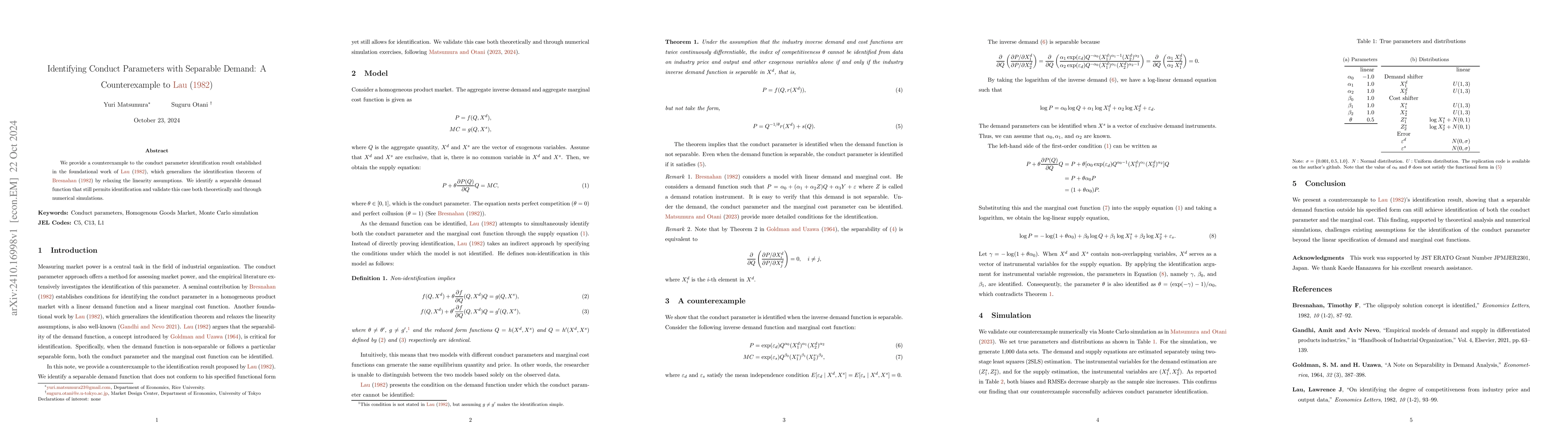 Thumbnail for Identifying Conduct Parameters with Separable Demand: A Counterexample
  to Lau (1982)