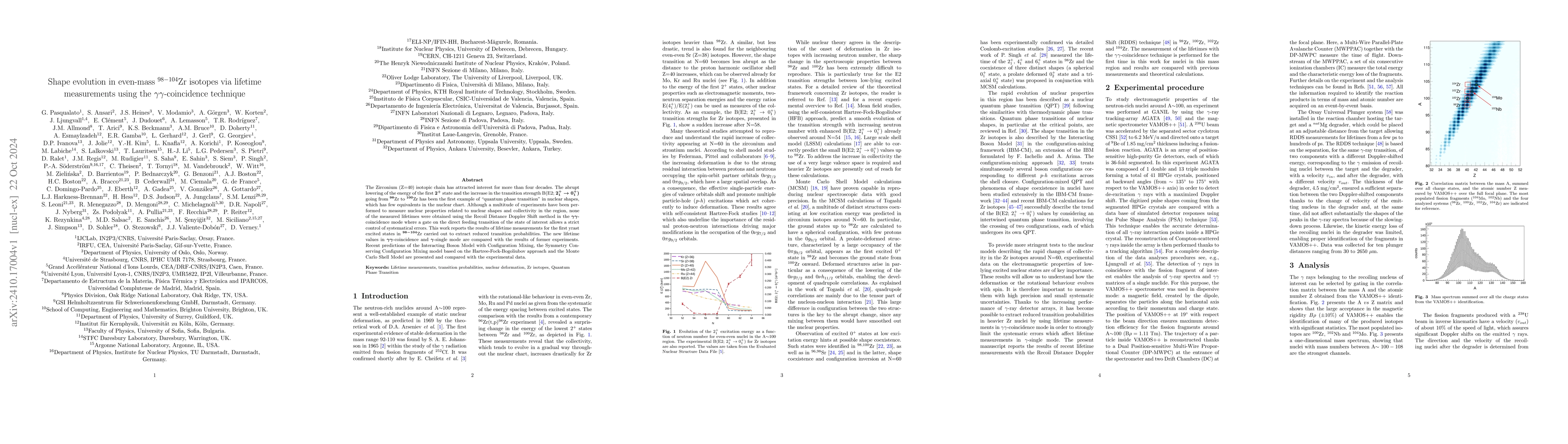 Thumbnail for Shape evolution in even-mass $^{98-104}$Zr isotopes via lifetime
  measurements using the $γγ$-coincidence technique