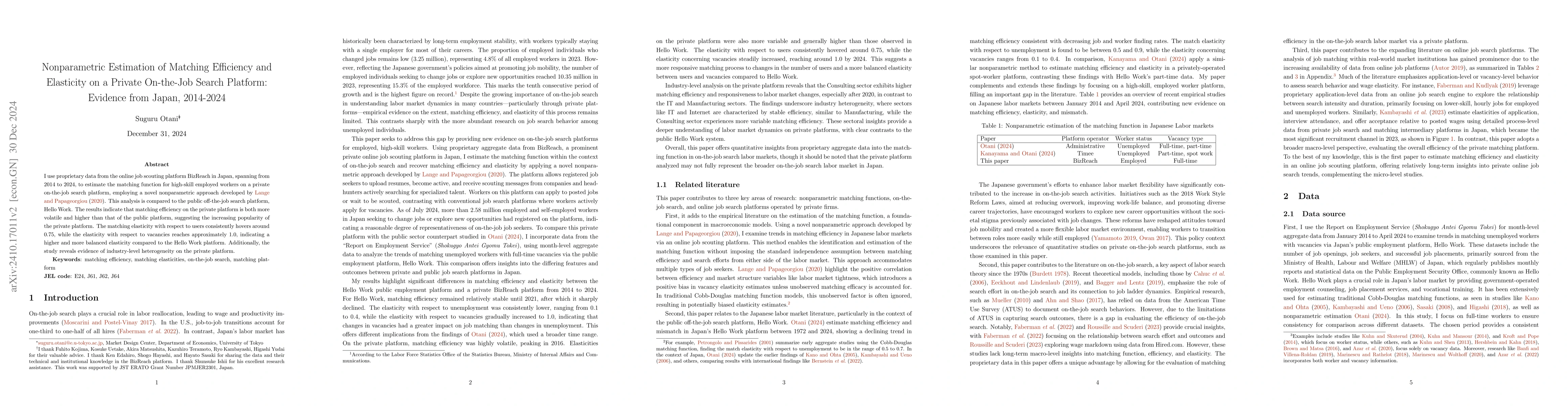 Thumbnail for Nonparametric Estimation of Matching Efficiency and Elasticity on a
  Private On-the-Job Search Platform: Evidence from Japan, 2014-2024